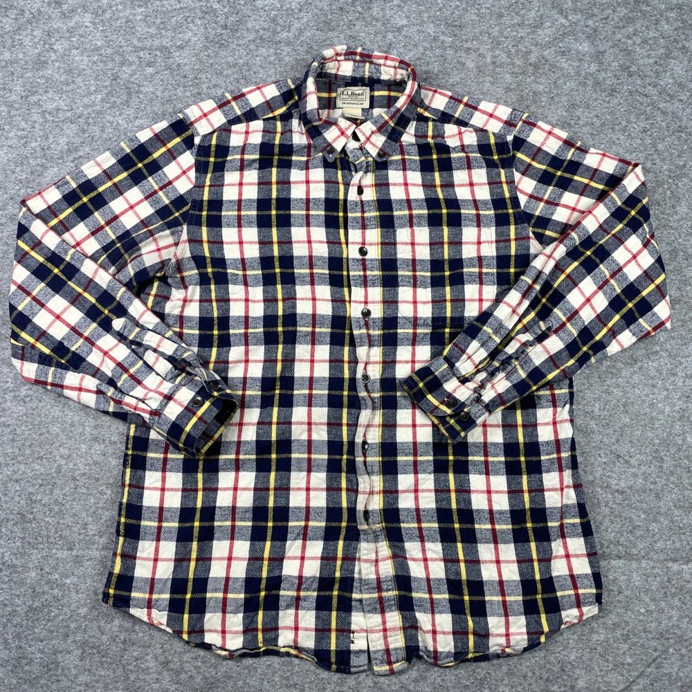 LL Bean Flannel Shirt Mens Medium Reg Navy Red Yellow Plaid Traditional Fit